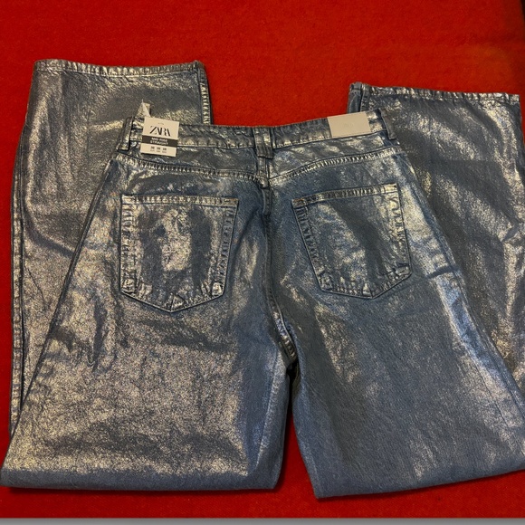 Zara Z1975 metallic silver mid rise straight relaxed cut jeans NWT - Picture 10 of 13
